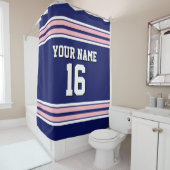 Navy Blue Pink White Stripes Sports Jersey Douchegordijn (In situ)