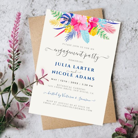 Navy Blue Pink Wild Rainforest Engagement Party Kaart