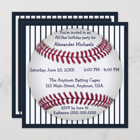 Navy Blue Pinstripes Baseball Birthday Kaart (Voorkant / Achterkant)