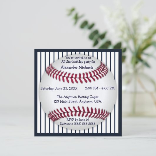 Navy Blue Pinstripes Baseball Birthday Kaart (Staand voorkant)