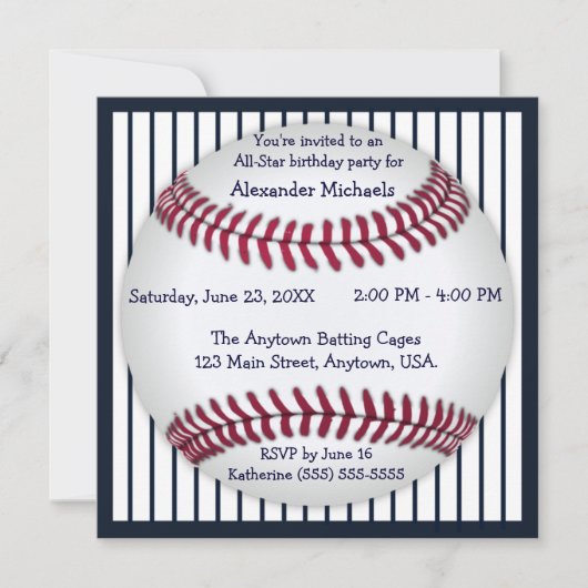 Navy Blue Pinstripes Baseball Birthday Kaart (Voorkant)