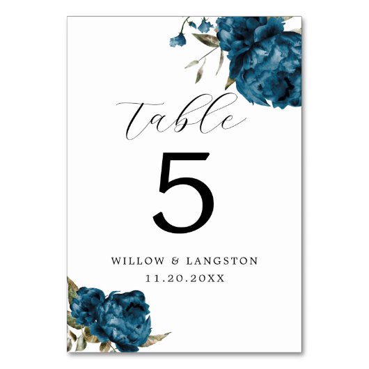 Navy Blue Pioen Bloem Bruiloft Tafel Nummer Kaart (Achterkant)