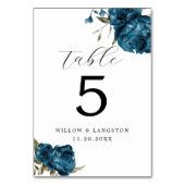 Navy Blue Pioen Bloem Bruiloft Tafel Nummer Kaart (Voorkant)