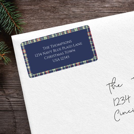 Navy Blue Plaid Christmas Return Adres Etiket