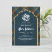 Navy Blue Plaid Frame Ramadan Iftar Invitation Kaart (Staand voorkant)