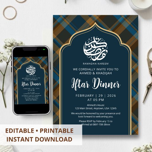 Navy Blue Plaid Frame Ramadan Iftar Invitation Kaart
