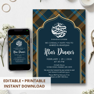 Navy Blue Plaid Frame Ramadan Iftar Uitnodiging
