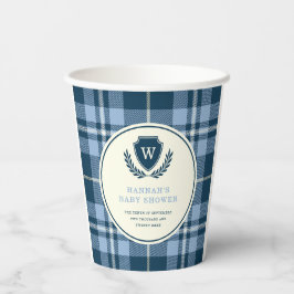 Navy Blue Plaid Monogram Baby shower Papieren Bekers
