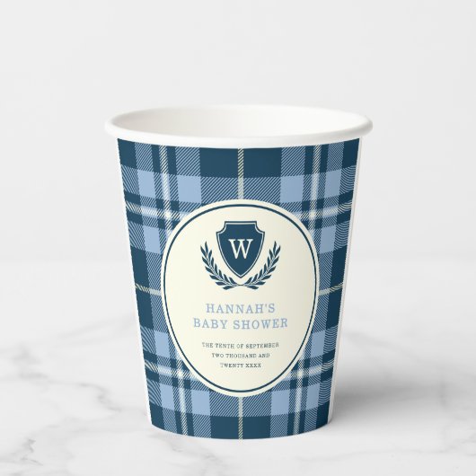 Navy Blue Plaid Monogram Baby shower Papieren Bekers (Achterkant)