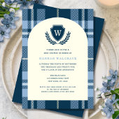 Navy Blue Plaid Monogram Boy's Baby shower Kaart