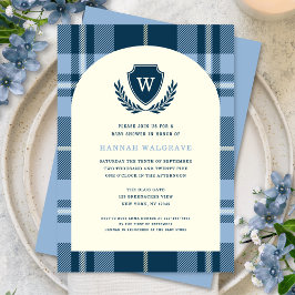 Navy Blue Plaid Monogram Boy's Baby shower Kaart