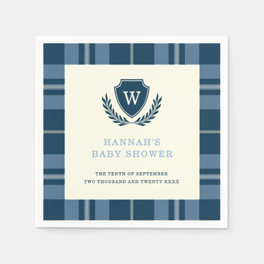 Navy Blue Plaid Monogram Boy's Baby shower Servet (Voorkant)