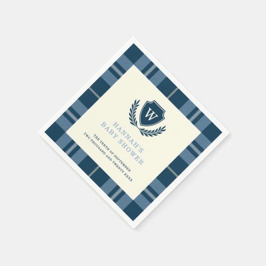 Navy Blue Plaid Monogram Boy's Baby shower Servet (Hoek)