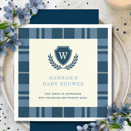 Navy Blue Plaid Monogram Boy's Baby shower Servet