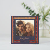 Navy Blue Plaid Ribbon Border Christmas Kaart (Staand voorkant)