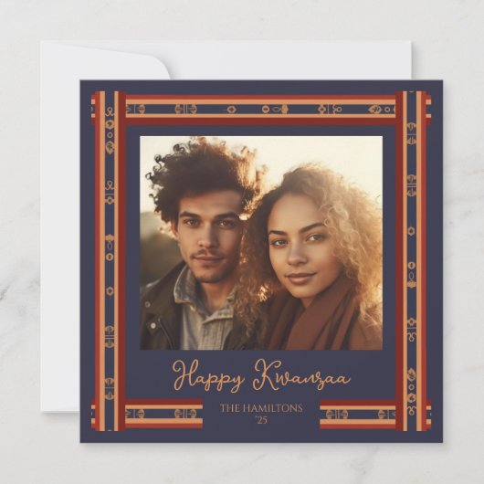 Navy Blue Plaid Ribbon Border Kwanzaa Kaart (Voorkant)