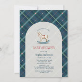 Navy Blue Plaid Rocking Horse Boy Baby shower Kaart (Voorkant)
