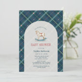 Navy Blue Plaid Rocking Horse Boy Baby shower Kaart (Staand voorkant)