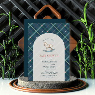Navy Blue Plaid Rocking Horse Boy Baby shower Kaart