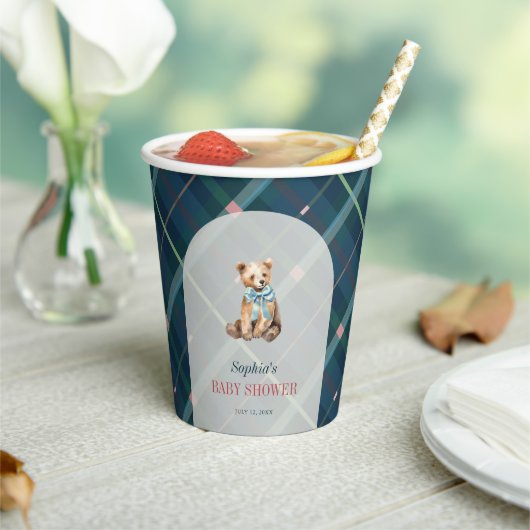 Navy Blue Plaid Teddy Bear Baby shower Papieren Bekers (Insitu)
