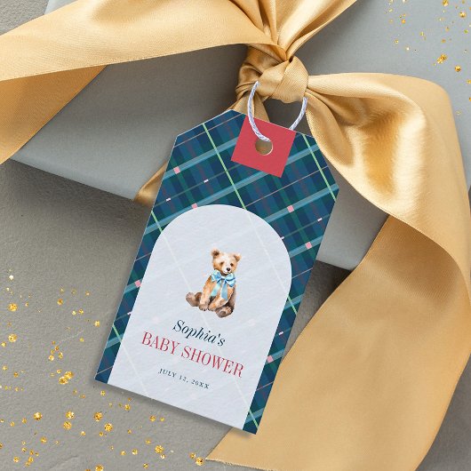 Navy Blue Plaid Teddy Bear Bow Baby shower Cadeaulabel