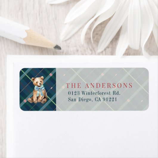 Navy Blue Plaid Teddy Bear Bow Retouradres Etiket (Insitu)