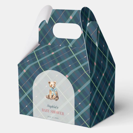 Navy Blue Plaid Teddy Bear Boy Baby shower Bedankdoosjes (Voorkant)