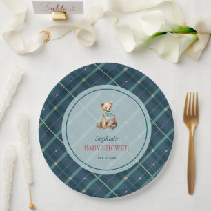 Navy Blue Plaid Teddy Bear Boy Baby shower Papieren Bordje