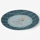 Navy Blue Plaid Teddy Bear Boy Baby shower Papieren Bordje (Gekanteld)