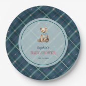 Navy Blue Plaid Teddy Bear Boy Baby shower Papieren Bordje (Voorkant)