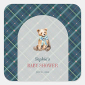 Navy Blue Plaid Teddy Bear Boy Baby shower Vierkante Sticker (Voorkant)