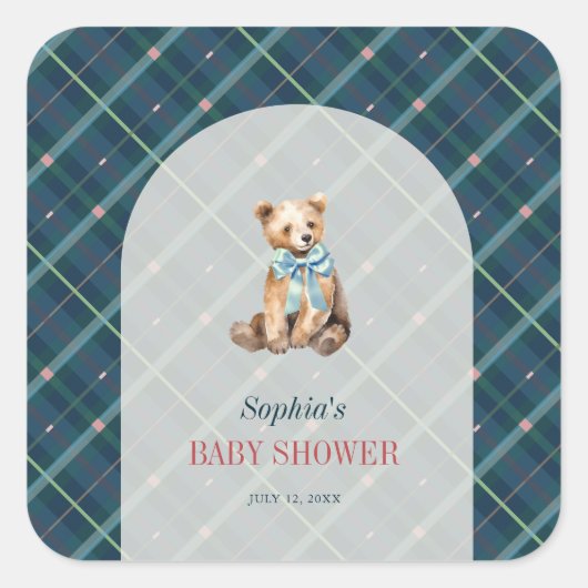Navy Blue Plaid Teddy Bear Boy Baby shower Vierkante Sticker (Voorkant)