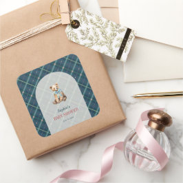 Navy Blue Plaid Teddy Bear Boy Baby shower Vierkante Sticker