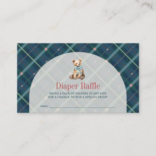 Navy Blue Plaid Teddy Bear Luier Raffle Ticket Informatiekaartje (Voorkant)