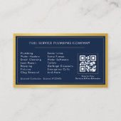 Navy Blue Plumber Contractor QR Code Gold Metallic Visitekaartje (Achterkant)