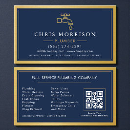 Navy Blue Plumber Contractor QR Code Gold Metallic Visitekaartje