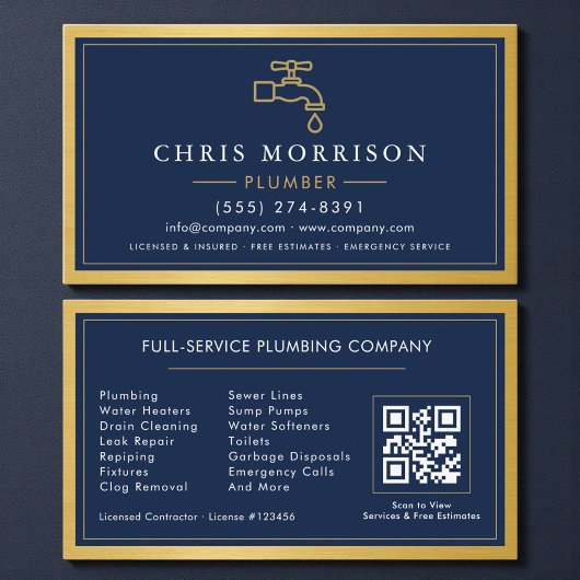 Navy Blue Plumber Contractor QR Code Gold Metallic Visitekaartje