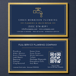 Navy Blue Plumbing Company QR Code Gold Metallic Visitekaartje