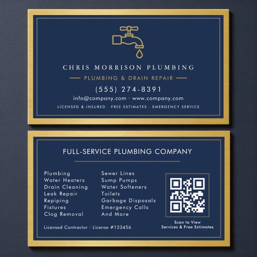Navy Blue Plumbing Company QR Code Gold Metallic Visitekaartje