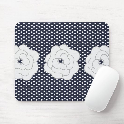 Navy Blue Polka Dot & Big White Flowers Muismat (Met muis)