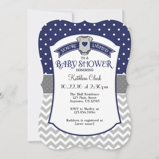 Navy Blue Polka Dot Chevron Baby shower Uitnodigen Kaart (Voorkant)
