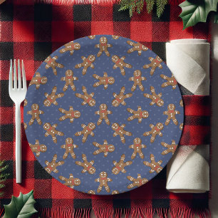 Navy Blue Polka Dot Gingerbread Man Kerstmis Papieren Bordje