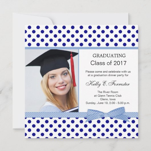 Navy blue polka dot Graduation Party Kaart (Voorkant)