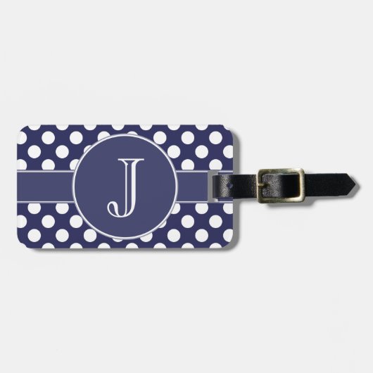 Navy Blue Polka-Dot Monogrammed Bagagelabel (Voorkant horizontaal)