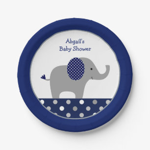 Navy Blue Polka Dot Olifant Baby shower Papieren Bordje