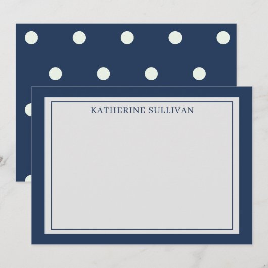 Navy Blue Polka Dots Briefpapier Flat Note Kaart Notitiekaartje (Voorkant / Achterkant)