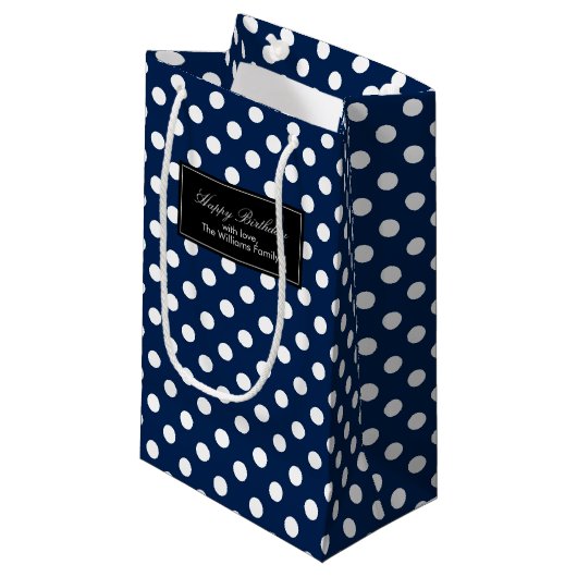 Navy Blue Polka Dots gepersonaliseerd Klein Cadeauzakje (Voorkant Gekanteld)