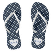 Navy Blue Polka Dots Heart Monogram huwelijksreis Teenslippers (Voetbed)