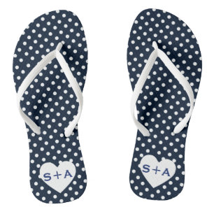 Navy Blue Polka Dots Heart Monogram huwelijksreis Teenslippers