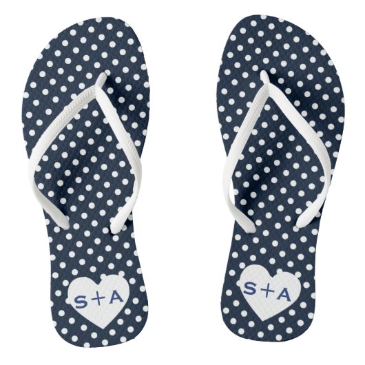 Navy Blue Polka Dots Heart Monogram huwelijksreis Teenslippers (Voetbed)